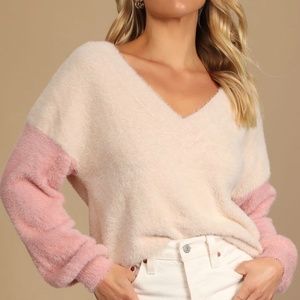 Color Block Furry V neck Sweater